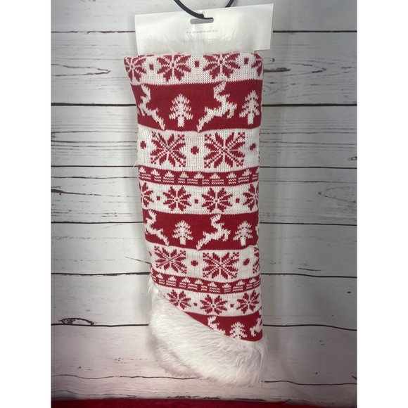 Holiday Style Knit Christmas Tree Skirt 40” White Fur Trim Nordic Print Snowflak - Picture 2 of 7
